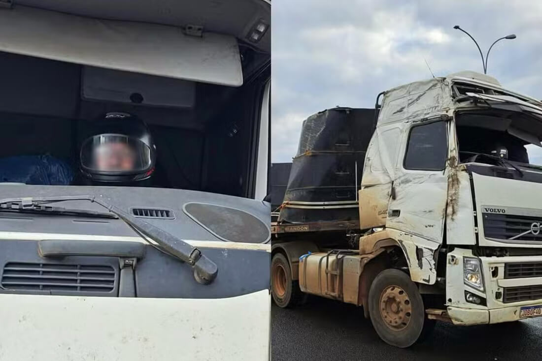 Capa Caminhoneiro é flagrado dirigindo com capacete e carreta danificada em direção ao RS