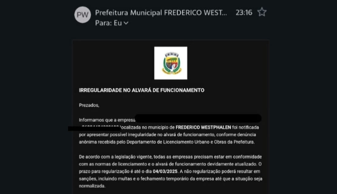Capa Prefeitura de Frederico Westphalen alerta sobre notificação falsa circulando na cidade