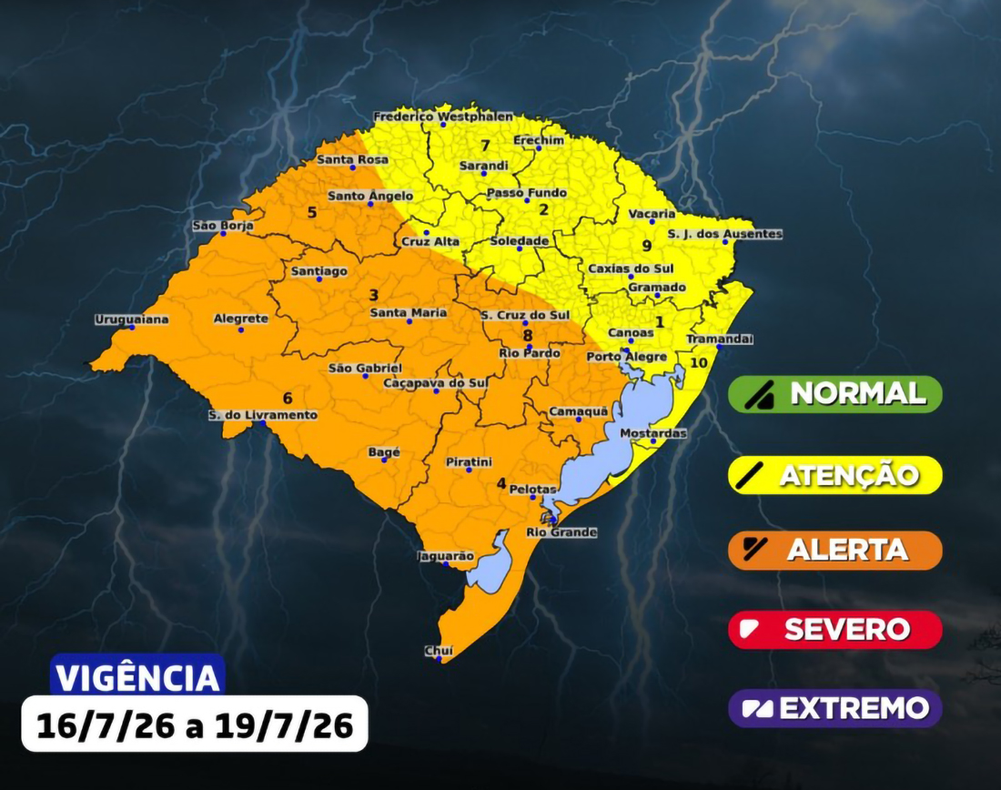Capa Atualização da previsão hidrometeorológica para os próximos dias indica chuvas intensas e temporais no RS