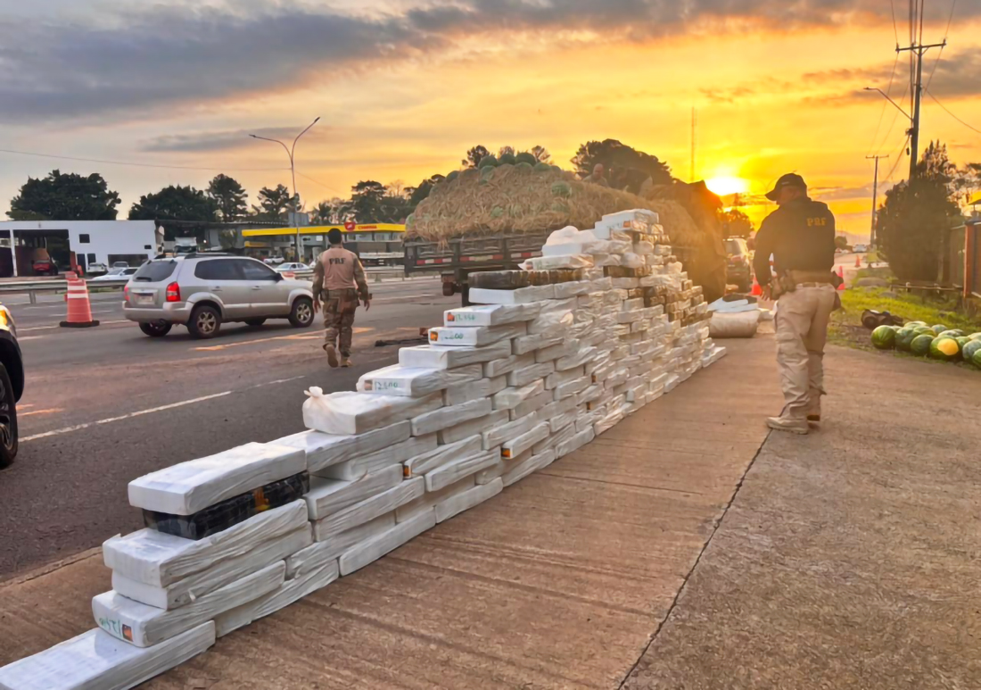 Capa PRF apreende duas toneladas de maconha escondidas em carga de melancias na BR-386