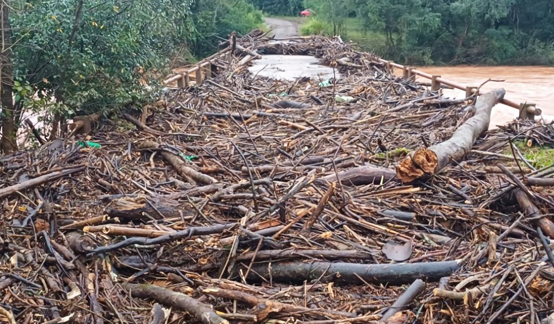 Capa Acúmulo de galhos e troncos força bloqueio de ponte sobre o Rio Turvo entre Três Passos e Miraguaí