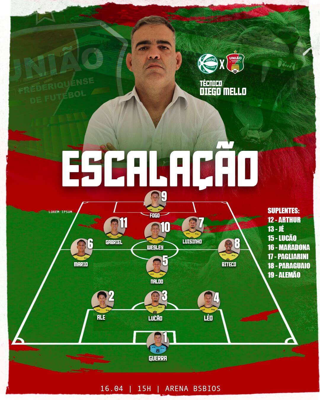 Capa Definido os 11 de Diego Mello para a estreia do União Frederiquense na Série A2