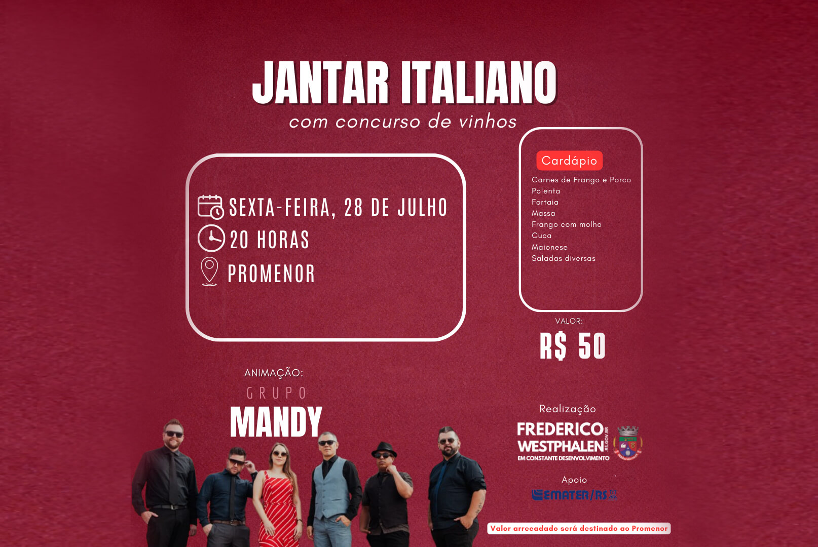 Capa Jantar Italiano e concurso de vinhos beneficente ocorre nesta sexta-feira