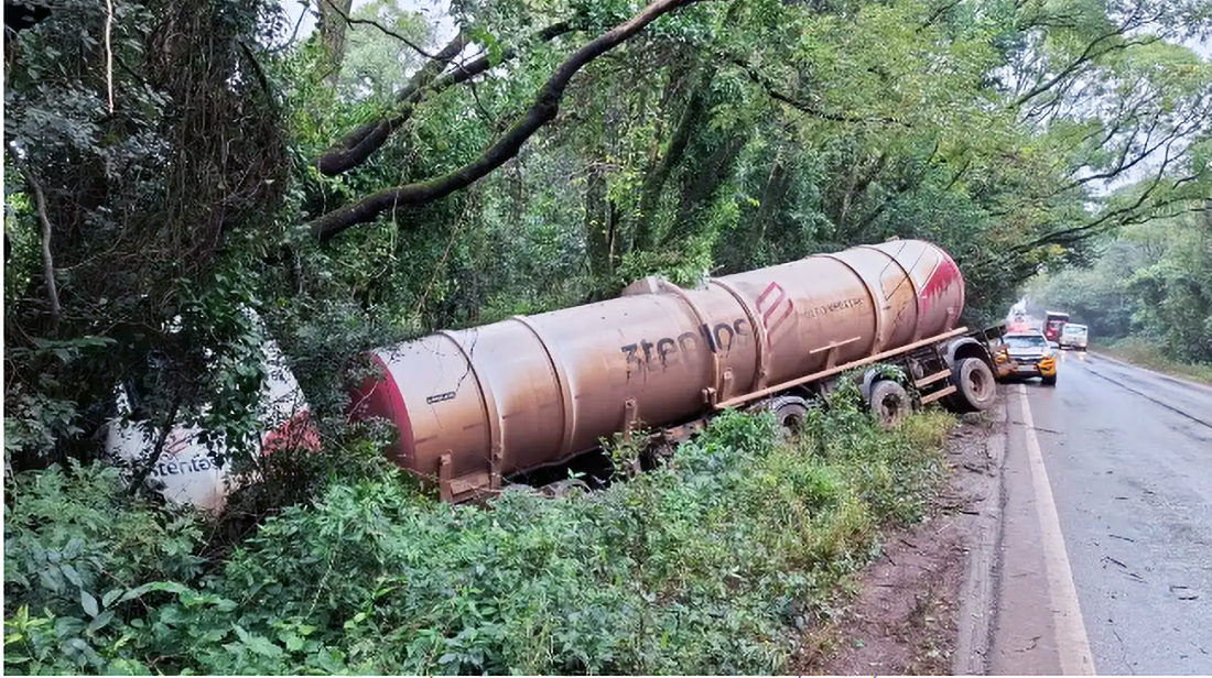 Capa Carreta sai da pista e colide em árvore na RS-342