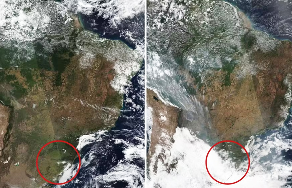 Capa Imagens da Nasa registram ANTES e DEPOIS de fumaça de queimadas se espalhar pelo RS