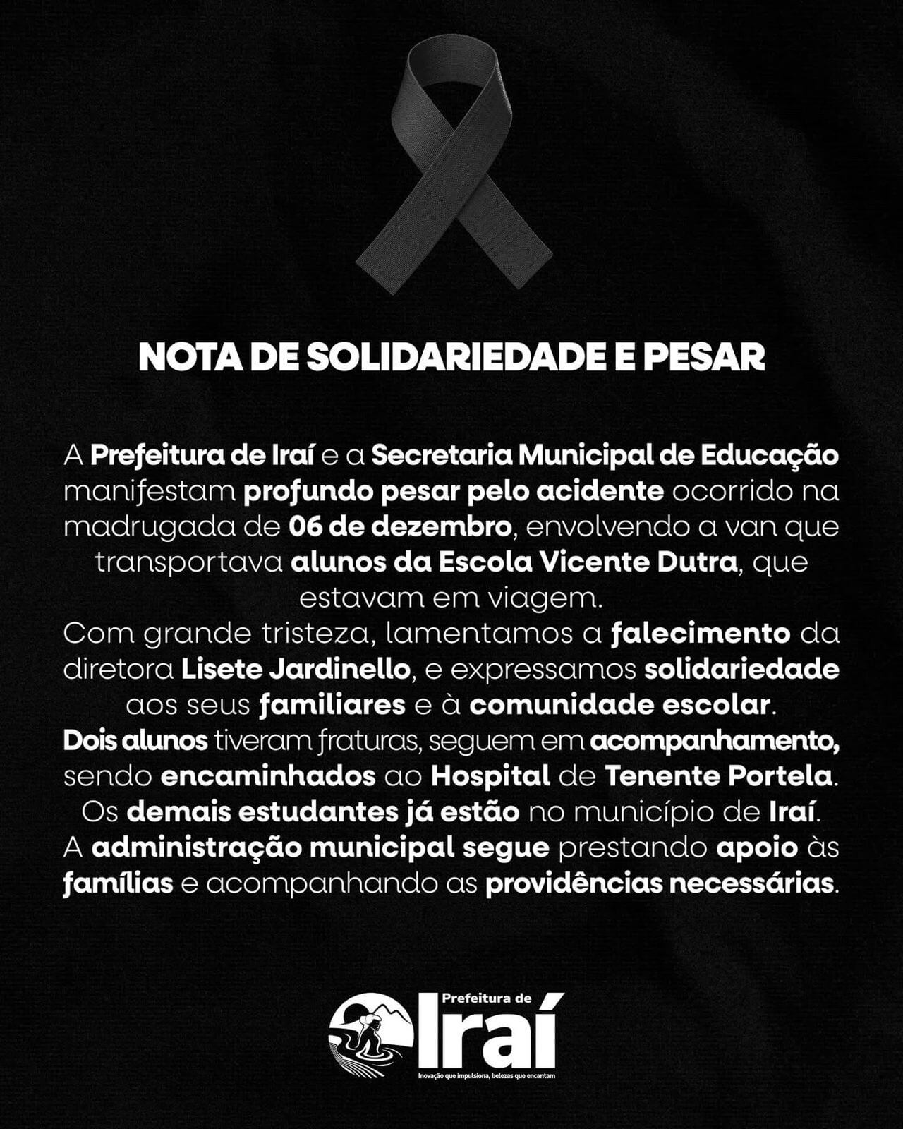 Capa Prefeitura de Iraí divulga nota oficial sobre acidente com van de alunos do município