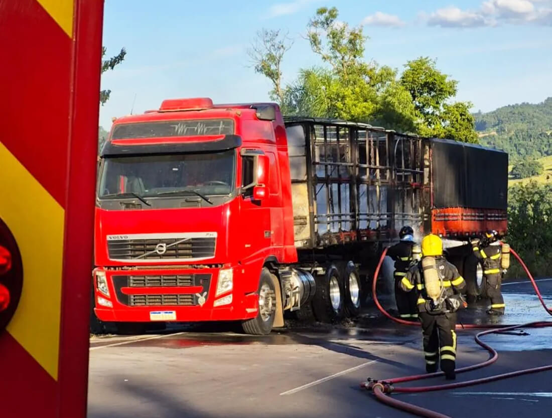 Capa Caminhão pega fogo após explosão de pneu na BR-282