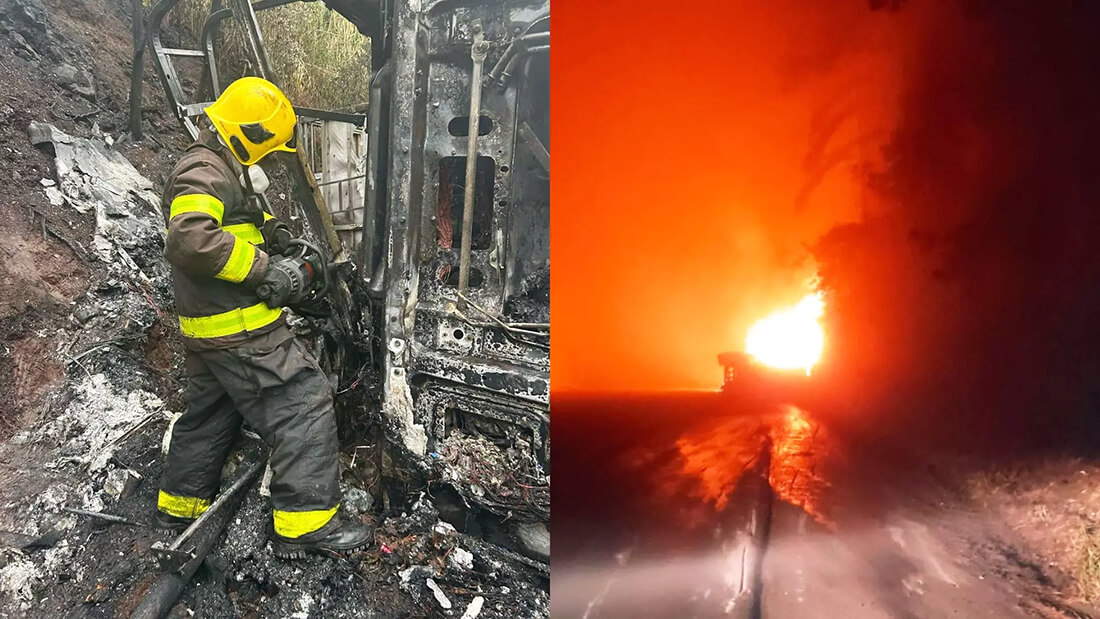 Capa Motorista morre após caminhão com carga de porcos tombar e pegar fogo em Maravilha