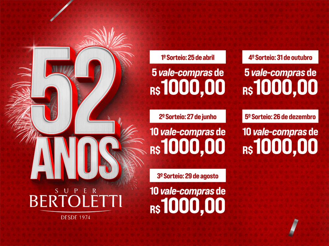 Capa Supermercado Bertoletti promove 1º sorteio da campanha “Parceria Premiada – 52 anos” neste sábado