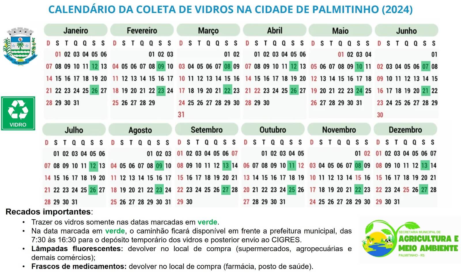 Capa Secretaria de Meio Ambiente de Palmitinho divulga Calendário de Coleta de Vidros