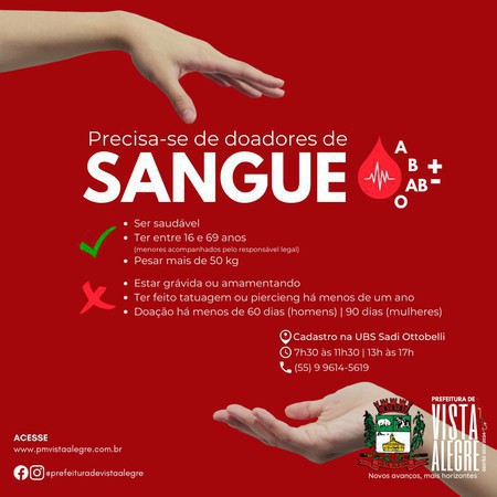 Capa Vista Alegre: Secretaria da Saúde precisa de doadores de sangue