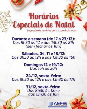 Capa AEFW divulga sugestão de horários especiais para o Natal