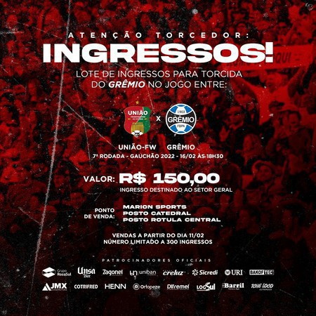 Capa Ingressos para União X Grêmio seguem sendo vendidos
