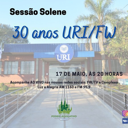 Capa Câmara homenageia URI/FW em sessão solene nesta terça, 17