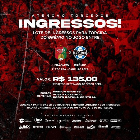 Capa Inicia venda de novo lote de ingressos para União X Grêmio
